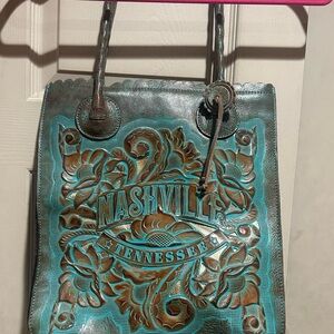 Patricia Nash Embossed Leather Shoulder Bag - Turquoise and Brown